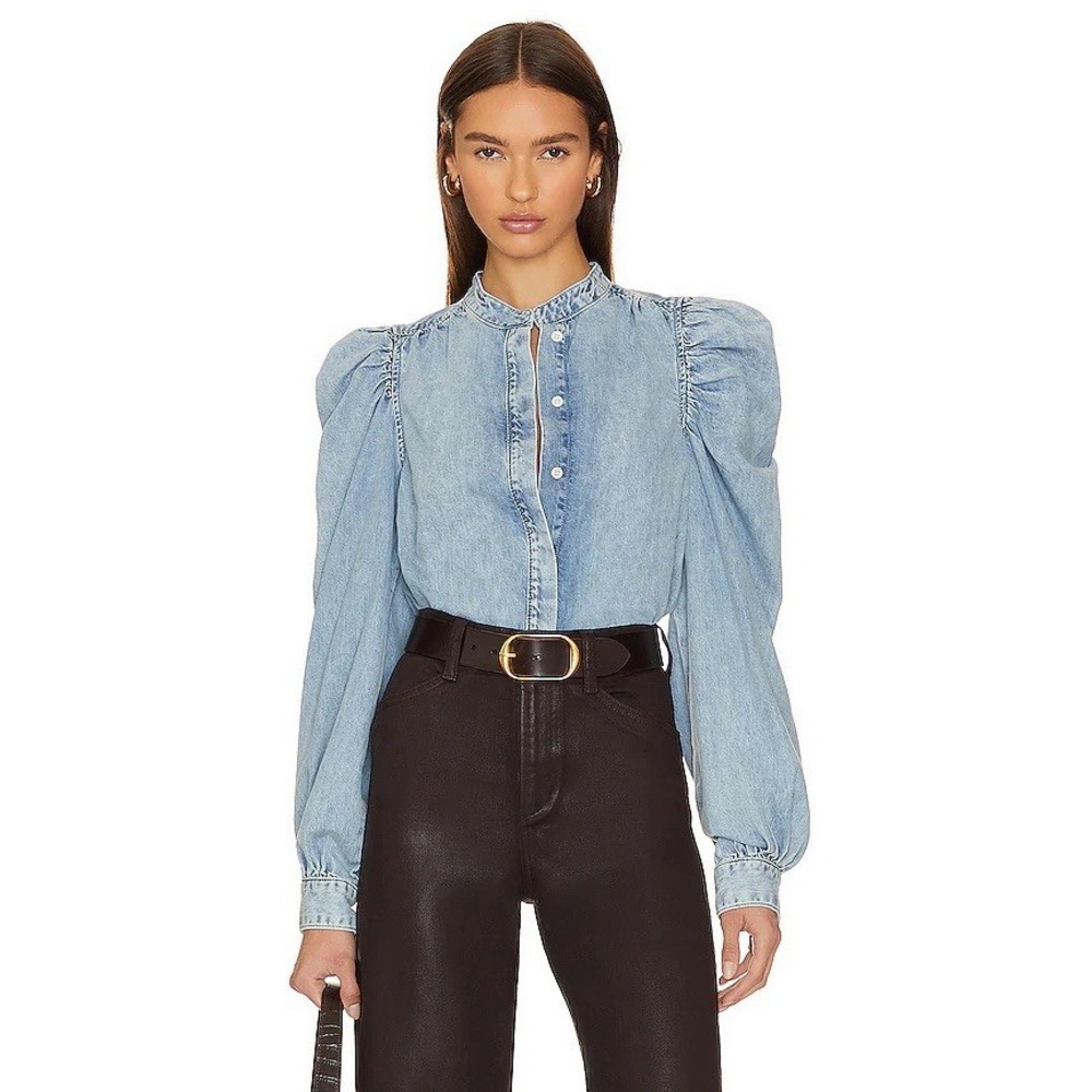 NWT‎ $328 Frame Denim Gillian Top Puff Sleeve Shirt In Cresthaven Boho Sz XS